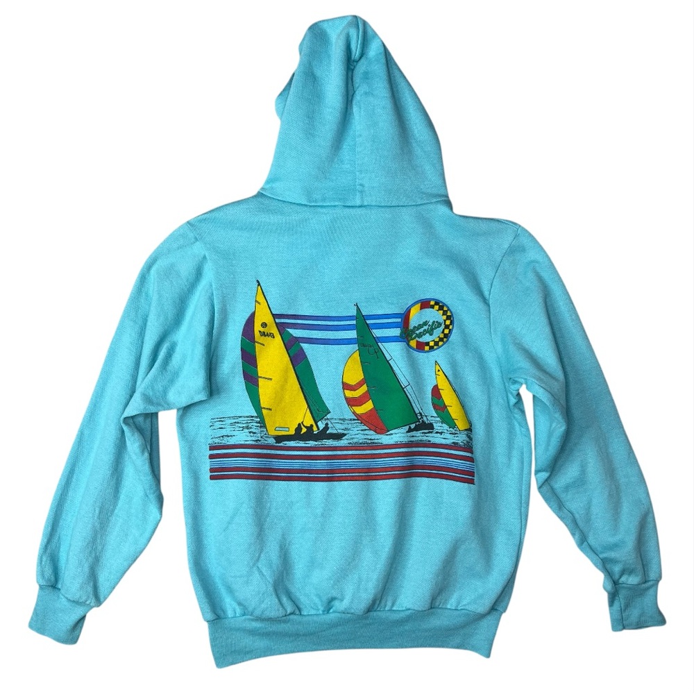 Vintage 80s Ocean Pacific Hoodie Small Tropical Beach Surf Sailboats Made USA